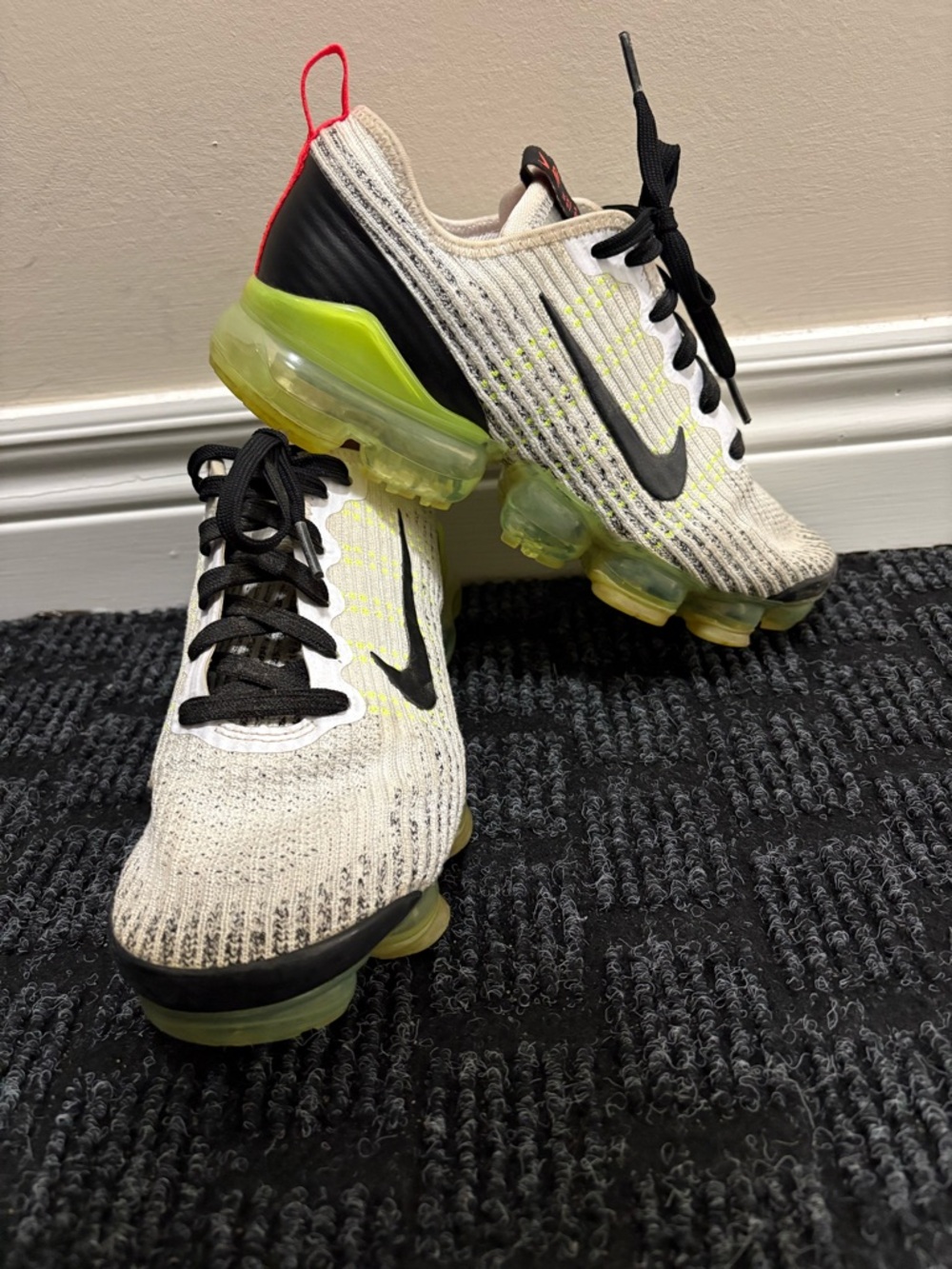 Nike Kids Air VaporMax Flyknit Shoes White Black Neon Green Pink Accent